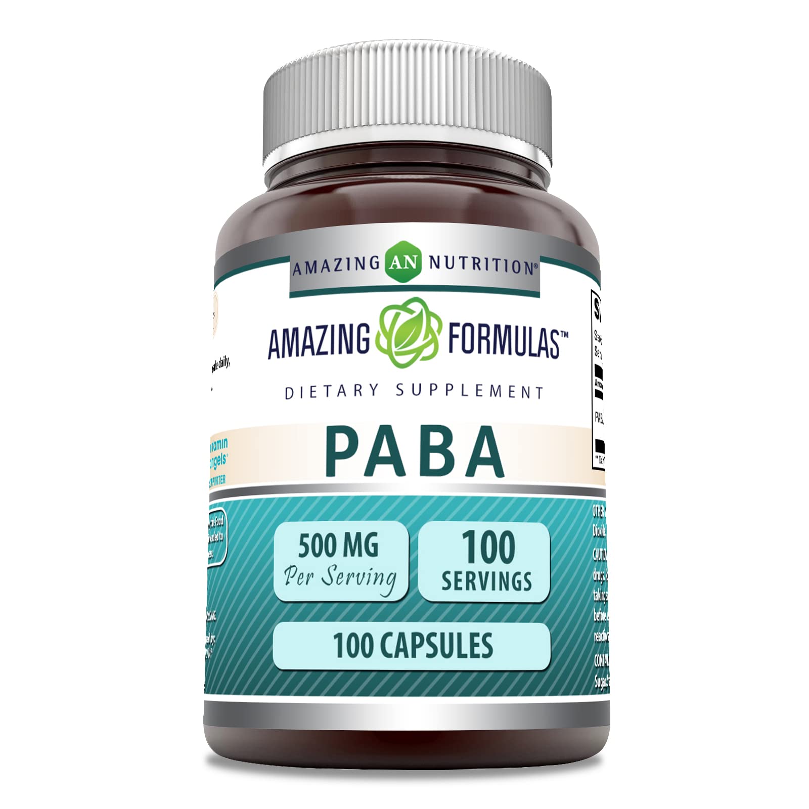 Front view of Amazing Formulas PABA 500 mg bottle label