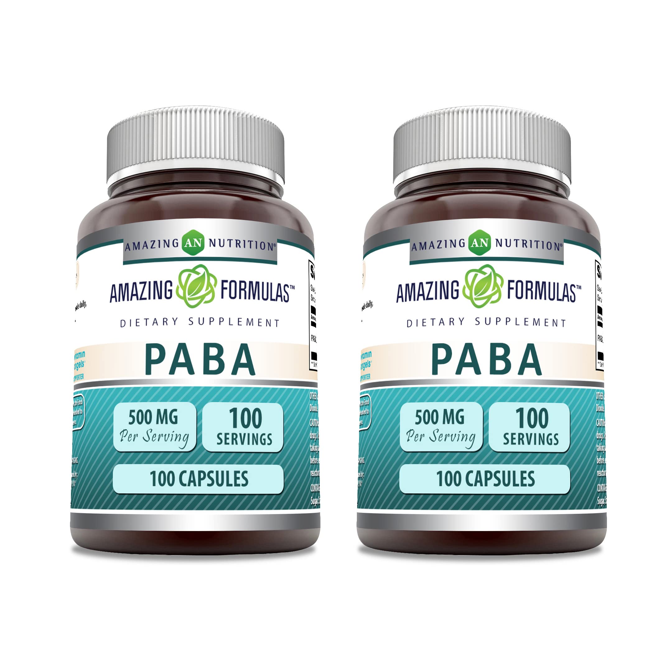 Bottle of Amazing Formulas PABA Supplement, 500 mg per serving, 100 capsules, Non-GMO, Gluten Free, Made in USA.