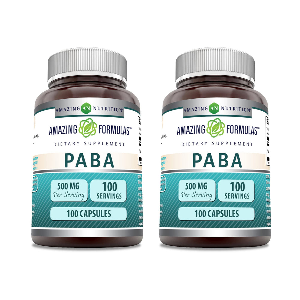 Bottle of Amazing Formulas PABA Supplement, 500 mg per serving, 100 capsules, Non-GMO, Gluten Free, Made in USA.