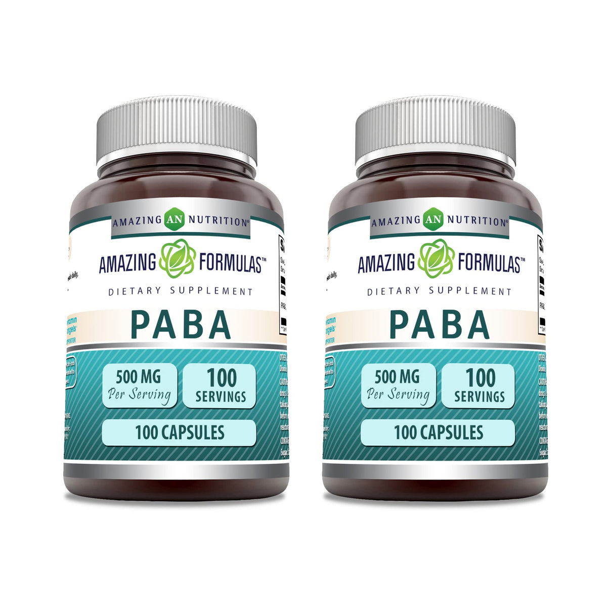 Bottle of Amazing Formulas PABA Supplement, 500 mg per serving, 100 capsules, Non-GMO, Gluten Free, Made in USA.