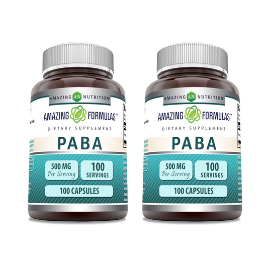 Bottle of Amazing Formulas PABA Supplement, 500 mg per serving, 100 capsules, Non-GMO, Gluten Free, Made in USA.