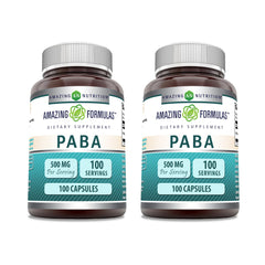 Bottle of Amazing Formulas PABA Supplement, 500 mg per serving, 100 capsules, Non-GMO, Gluten Free, Made in USA.