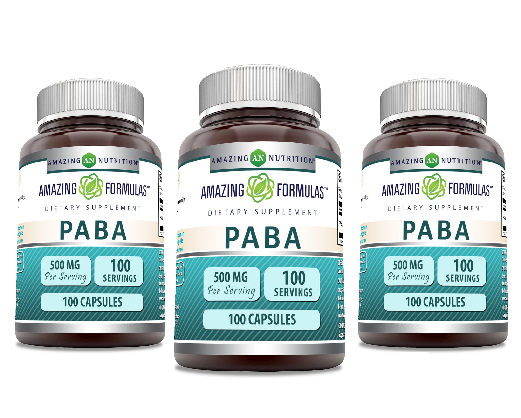 Bottle of Amazing Formulas PABA Supplement - 500 mg per serving, 100 capsules, Non-GMO, Gluten Free, Made in USA - 3 Pack