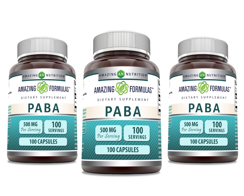 Bottle of Amazing Formulas PABA Supplement - 500 mg per serving, 100 capsules, Non-GMO, Gluten Free, Made in USA - 3 Pack