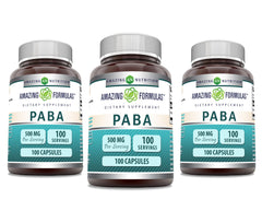 Bottle of Amazing Formulas PABA Supplement - 500 mg per serving, 100 capsules, Non-GMO, Gluten Free, Made in USA - 3 Pack