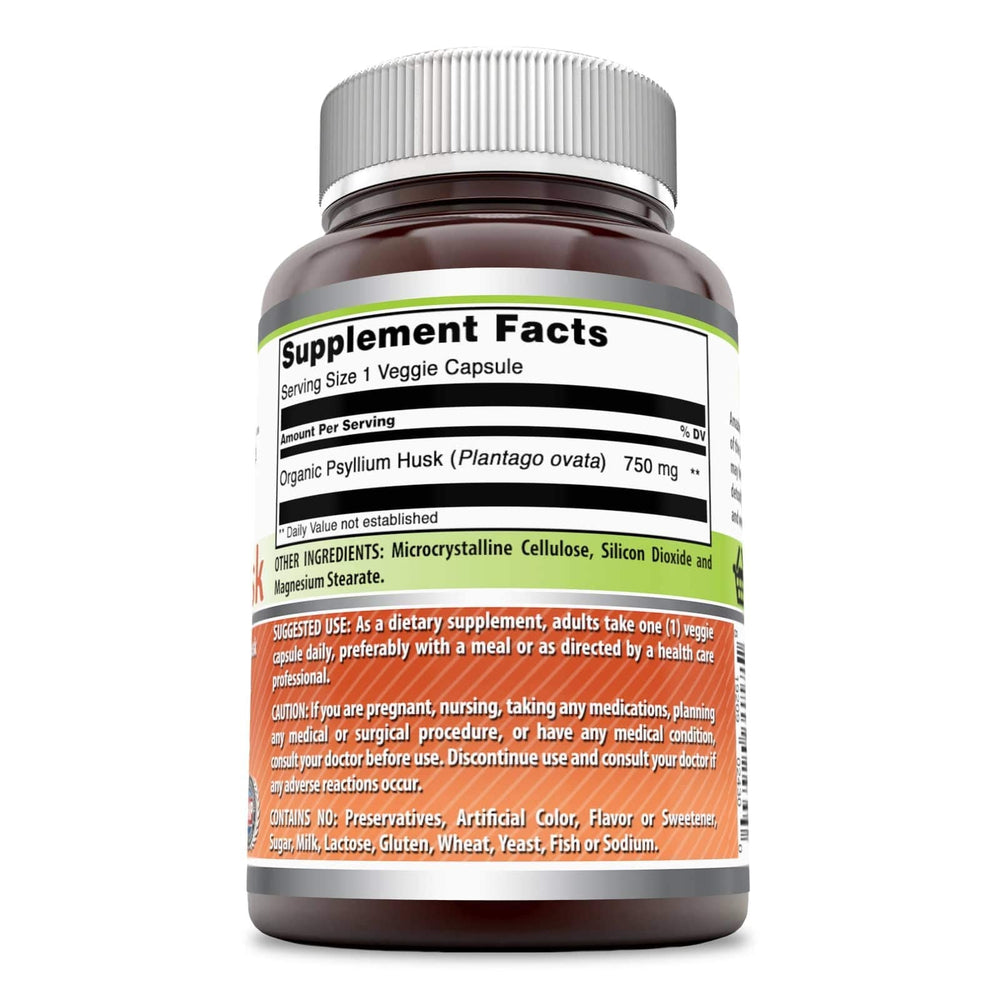Back view of Amazing Formulas Psyllium Husk 750mg bottle showing supplement facts
