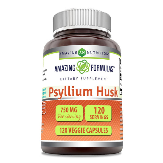 Bottle label for Amazing Formulas Psyllium Husk 750mg Veggie Capsules