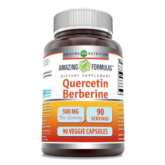 Front view of Amazing Formulas Quercetin Berberine bottle with 90 veggie capsules