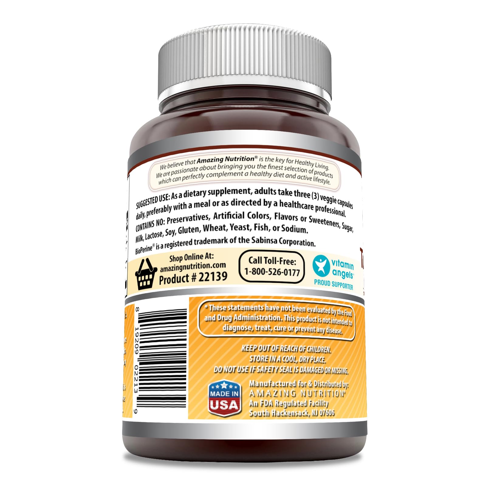 Made in USA, GMP compliant, non-GMO and gluten-free turmeric curcumin with Bioperine