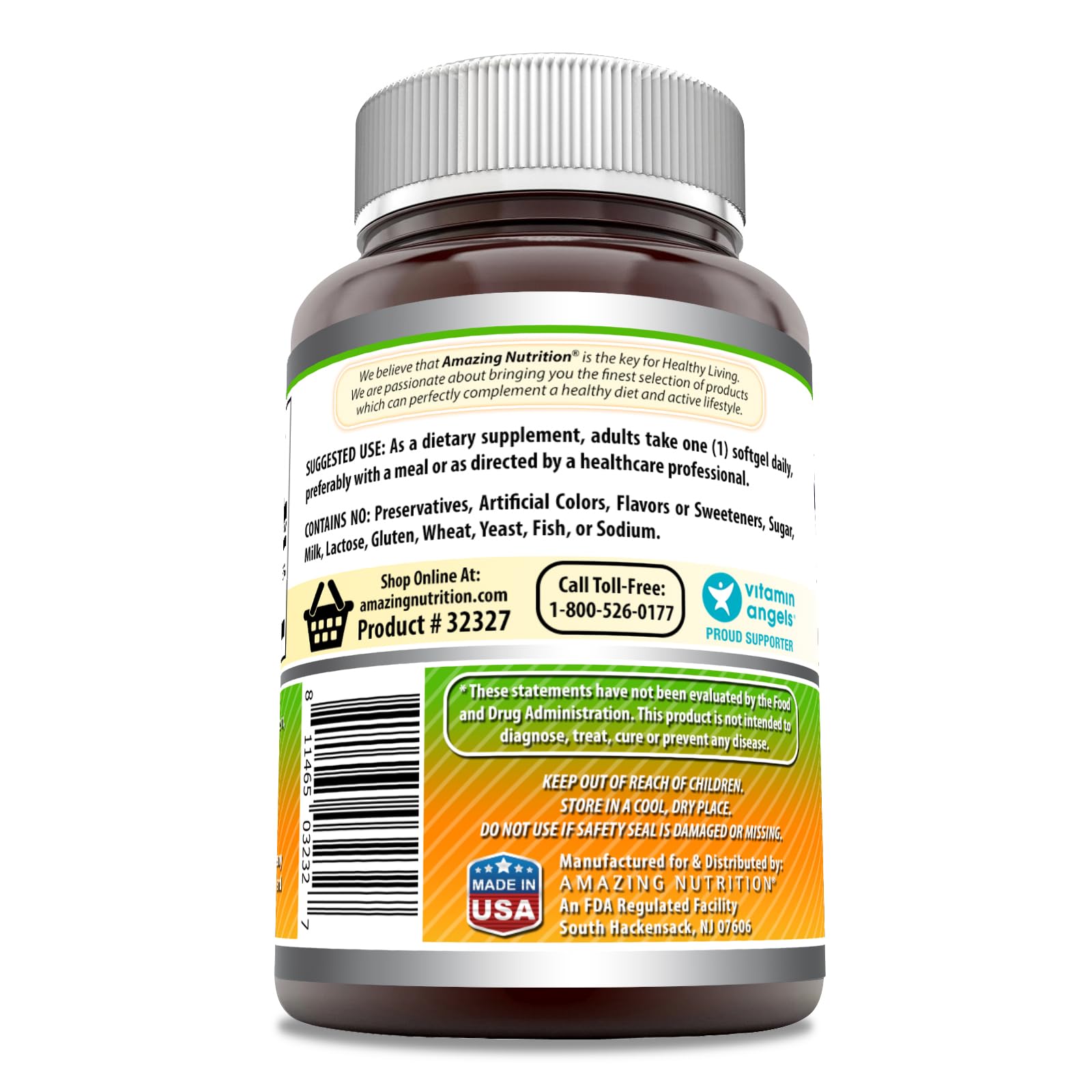 Back of bottle with supplement facts for Amazing Formulas Vitamin A 10000 IU