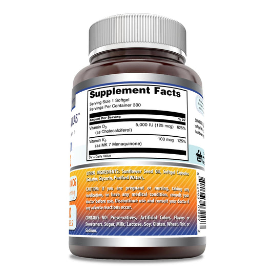 Label showing D3 5000 IU and K2 100 mcg on Amazing Formulas bottle