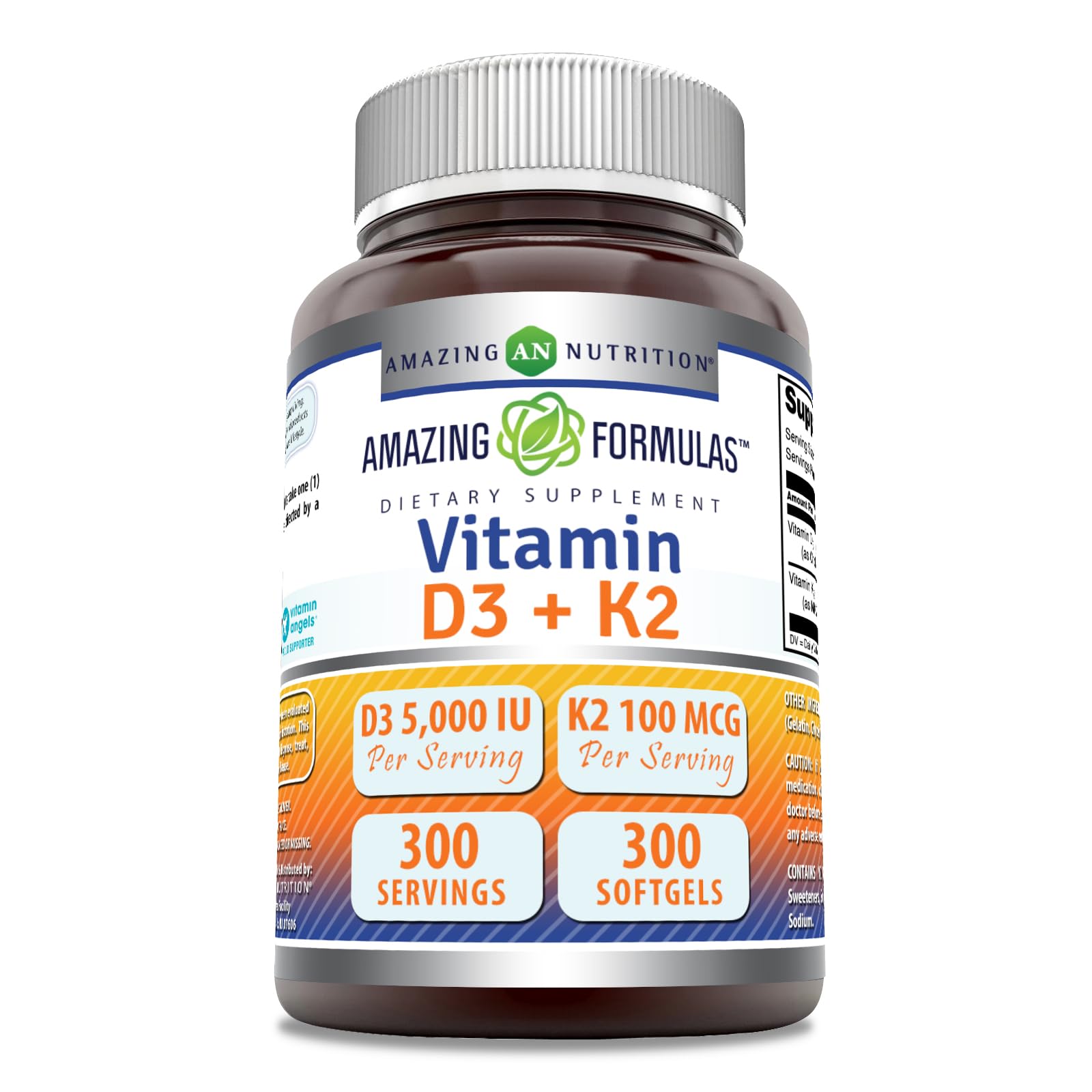 Bottle of Amazing Formulas Vitamin D3 5000 IU + K2 100 mcg softgels