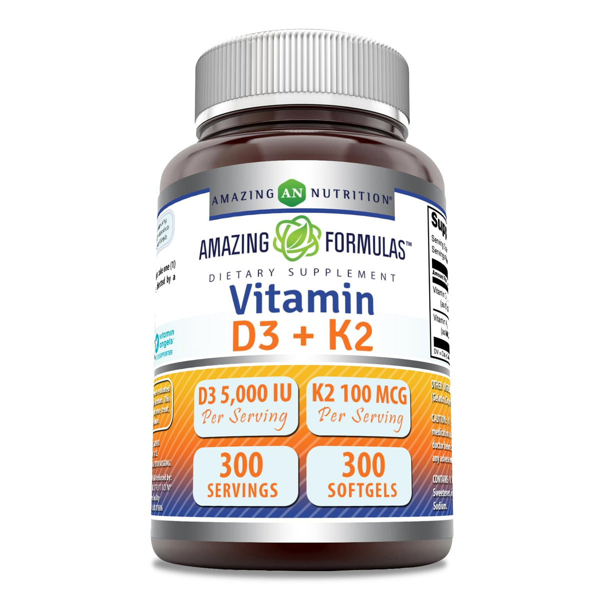 Bottle of Amazing Formulas Vitamin D3 5000 IU + K2 100 mcg softgels