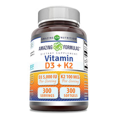 Bottle of Amazing Formulas Vitamin D3 5000 IU + K2 100 mcg softgels
