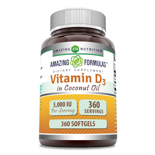 Front view of Amazing Formulas Vitamin D3 coconut oil softgels bottle
