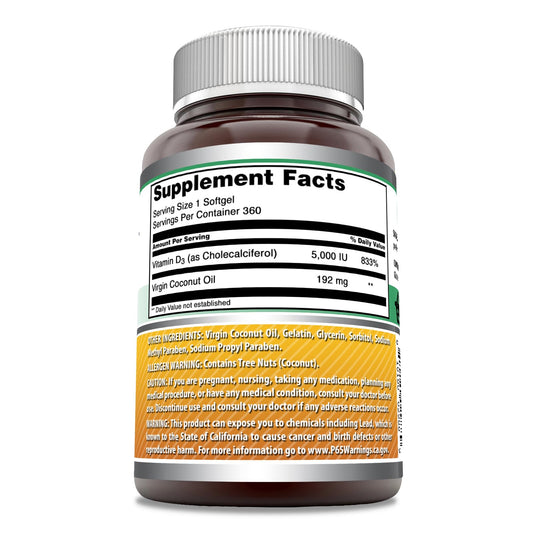 Close-up of the front label on the Vitamin D3 coconut oil softgels bottle