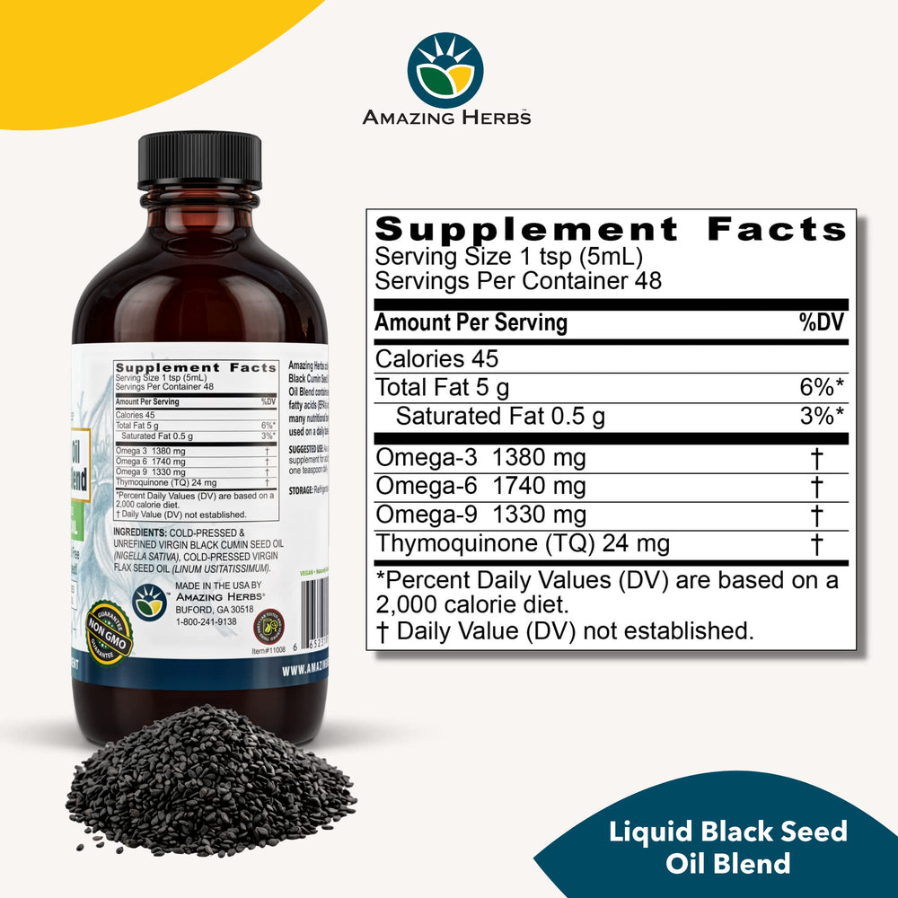 Product label for Amazing Herbs Black Seed and Flax Seed Oil Blend 8 oz
