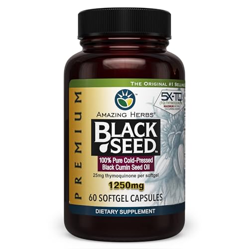 Bottle of Amazing Herbs Premium Black Seed Oil Capsules 1250mg – 60 count