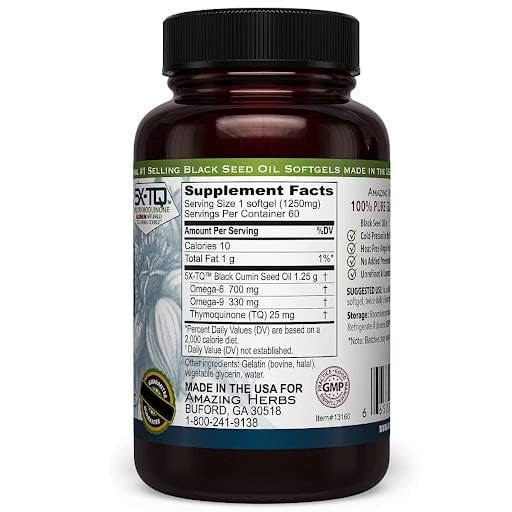 Close-up of black seed oil capsules (1250mg) from Amazing Herbs