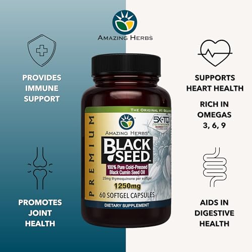 Front view of Amazing Herbs Black Seed Oil Capsules package