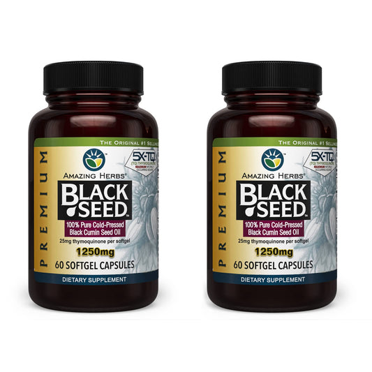 Two-pack bottle of Amazing Herbs Black Seed Oil capsules with 60-count and 1250mg label