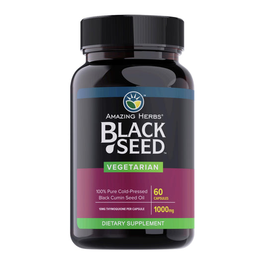 Bottle of Amazing Herbs Black Seed Oil Capsules - 60 vegetarian capsules, 1000 mg each