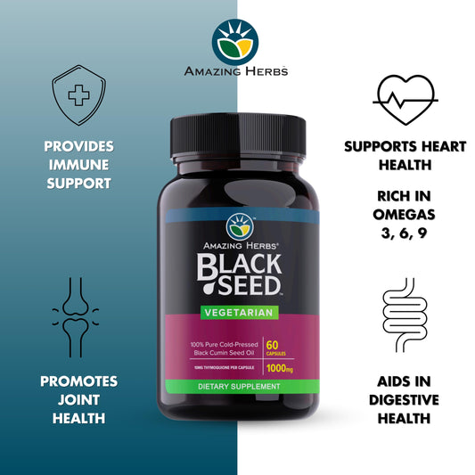Close-up of Amazing Herbs Black Seed Oil Capsules bottle