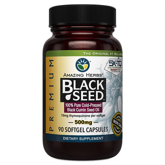 Front view of Amazing Herbs Black Seed Oil Capsules bottle, 90-count, 500mg