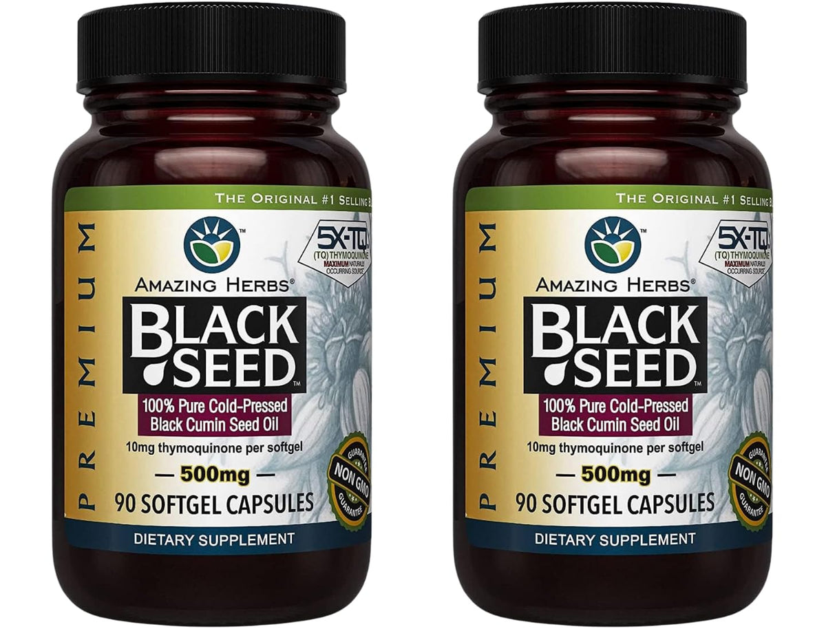 Bottle of Amazing Herbs Black Seed Oil Capsules 500mg, 90-count