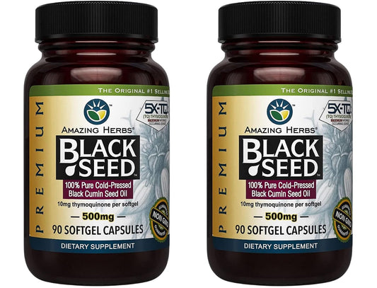 Bottle of Amazing Herbs Black Seed Oil Capsules 500mg, 90-count