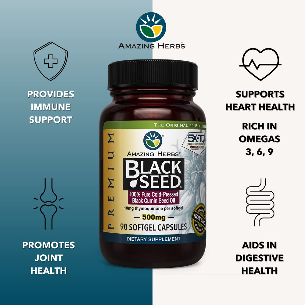 Close-up of black seed oil capsules