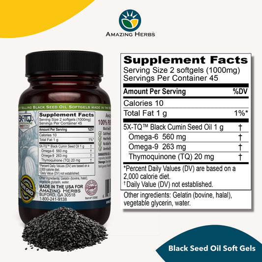 Nutrition label close-up for Amazing Herbs Black Seed Oil Capsules