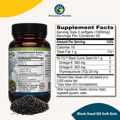 Nutrition label close-up for Amazing Herbs Black Seed Oil Capsules
