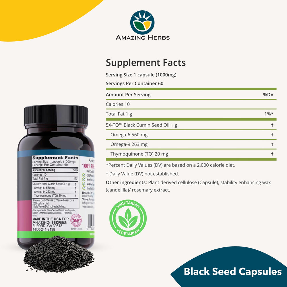 Non-GMO label on Amazing Herbs Black Seed Oil Capsules
