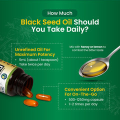 Amazing Herbs Black Seed Oil drops on spoon illustrate easy dosing.
