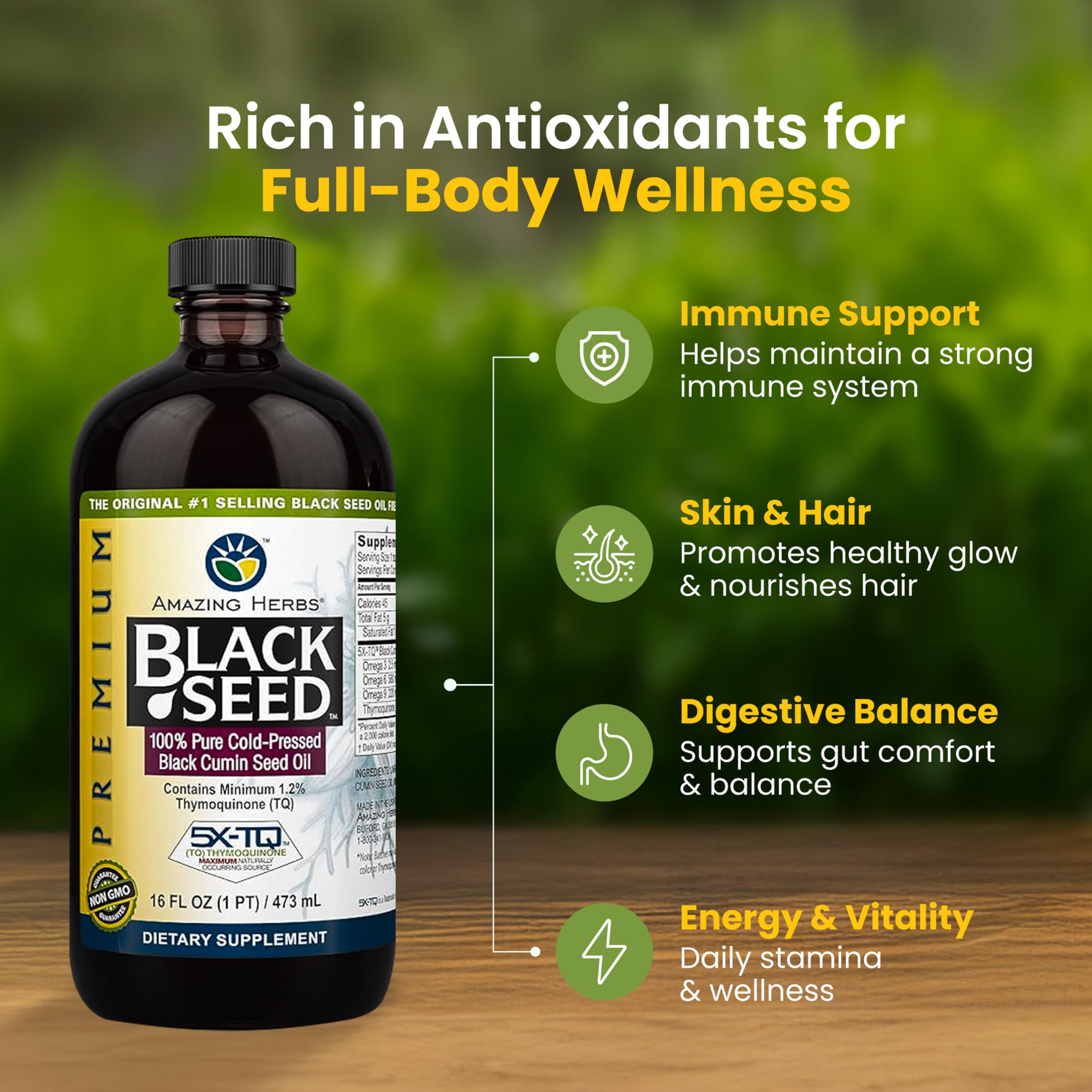 Amazing Herbs Black Seed Oil label closeup highlighting organic and non-GMO