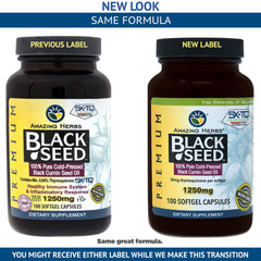 Amazing Herbs Black Seed Oil Pills bottle back showing supplement facts and sourcing.