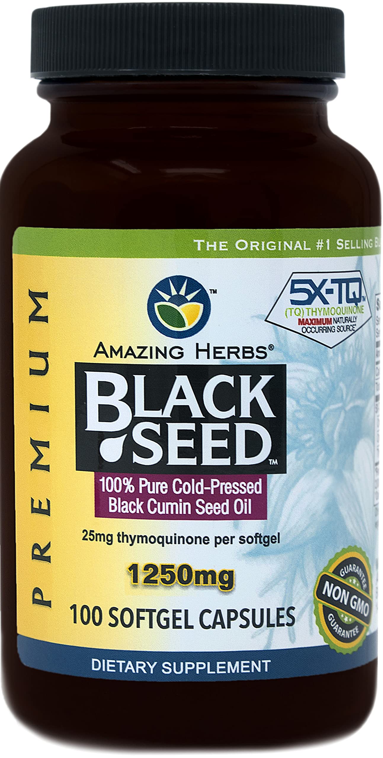 Amazing Herbs Black Seed Oil Pills bottle front with 1250 mg softgels for daily use.