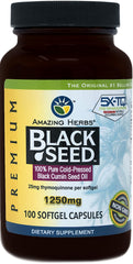 Amazing Herbs Black Seed Oil Pills bottle front with 1250 mg softgels for daily use.