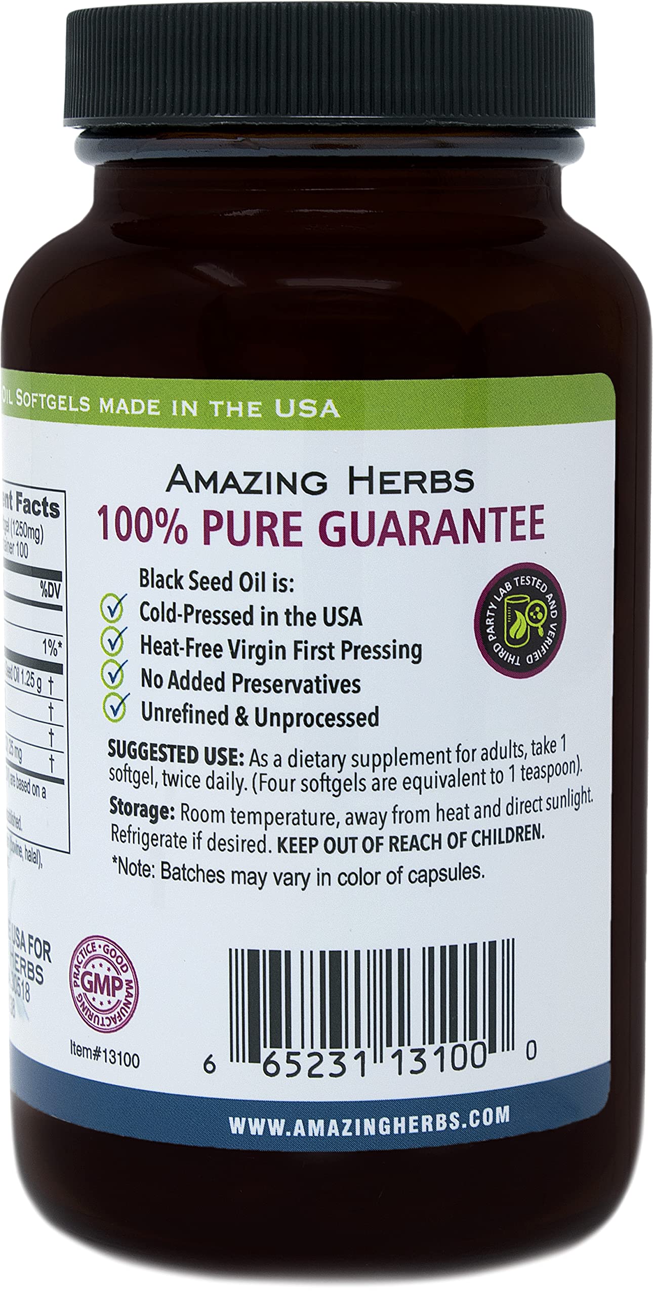 Amazing Herbs Black Seed Oil Pills bottle dispensing shot for easy daily dosing.