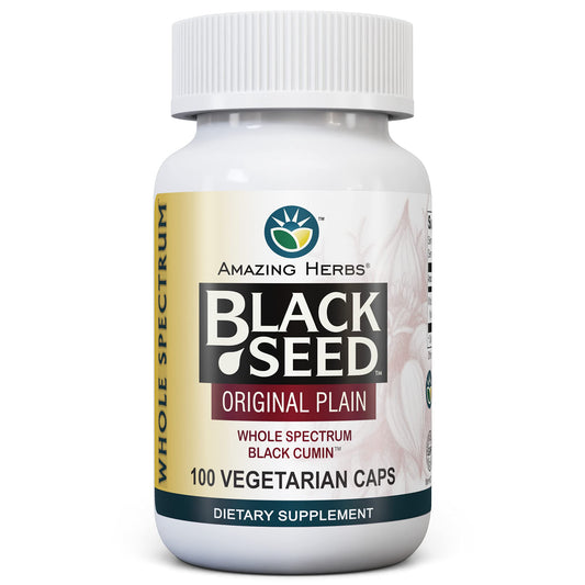 Bottle of Amazing Herbs Whole Spectrum Black Seed Original Plain vegan capsules, 100 count, 475mg each