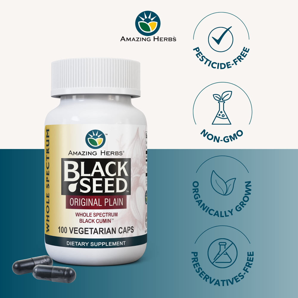 Vegan, gluten-free, non-GMO Black Seed capsules in bottle