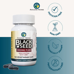 Vegan, gluten-free, non-GMO Black Seed capsules in bottle