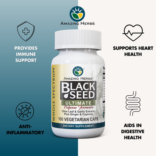 Close up of Amazing Herbs Black Seed Ultimate bottle showing vegan and gluten free labels