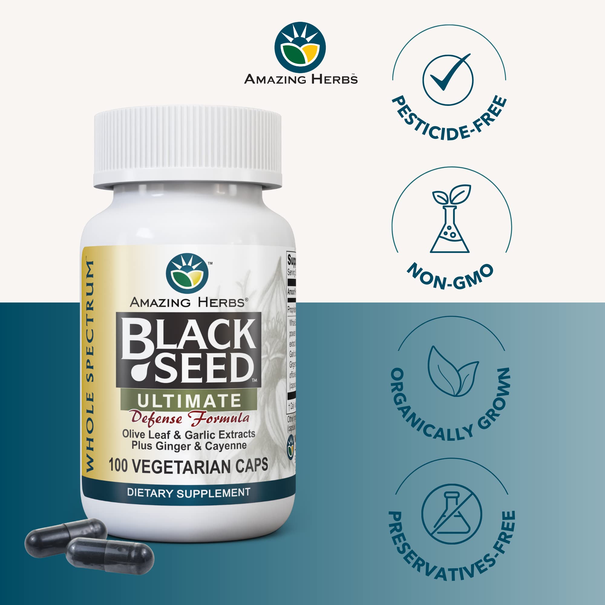Ingredients listed on bottle: black cumin seeds, olive leaf extract, garlic, ginger, cayenne