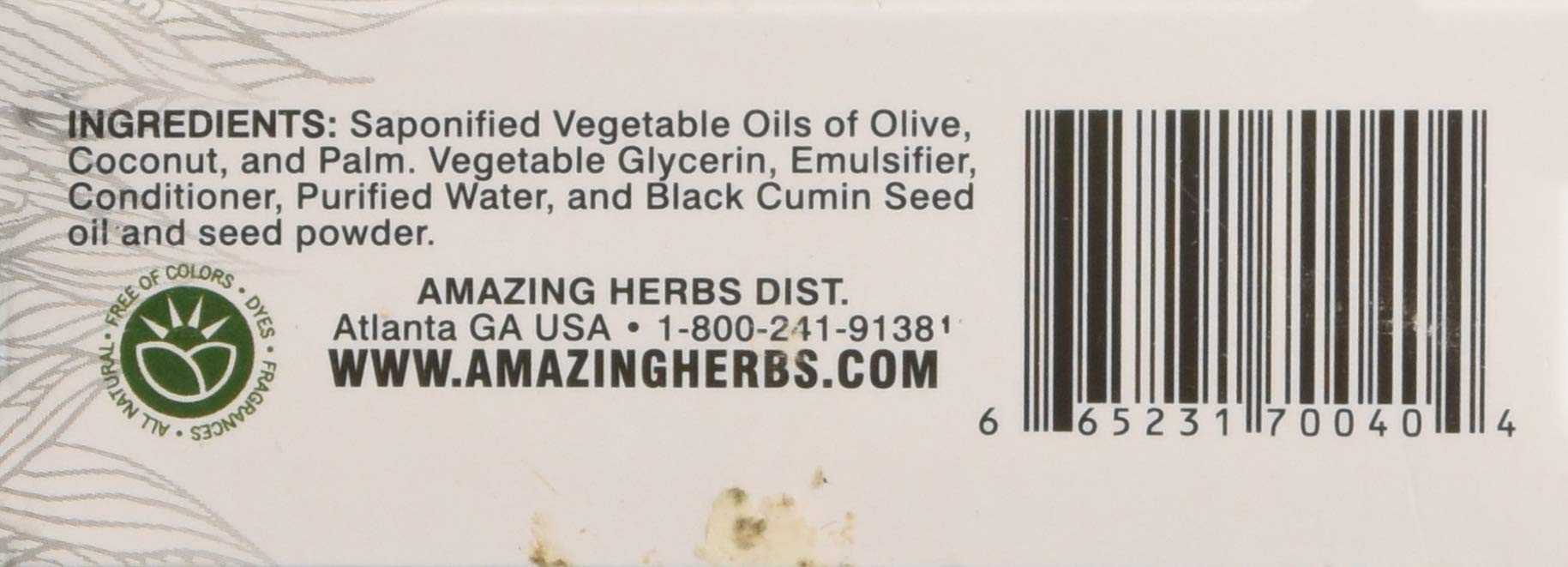 Ingredients and packaging for Amazing Herbs Black Seed Soap
