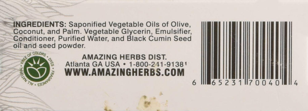 Ingredients and packaging for Amazing Herbs Black Seed Soap