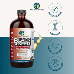 Drop of Amazing Herbs Egyptian Black Seed Oil highlighting premium cold-pressed oil.