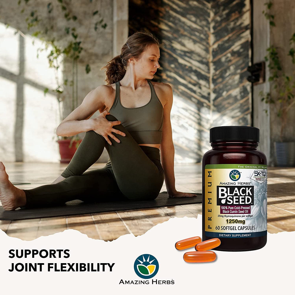 Amazing Herbs Premium Black Seed Oil Capsules bottle pouring shot for daily use.