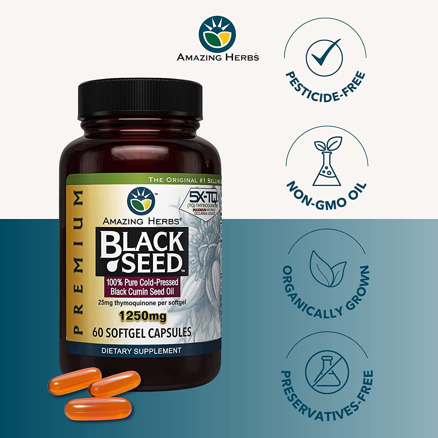 Amazing Herbs Premium Black Seed Oil Capsules label detail showing quality ingredients.
